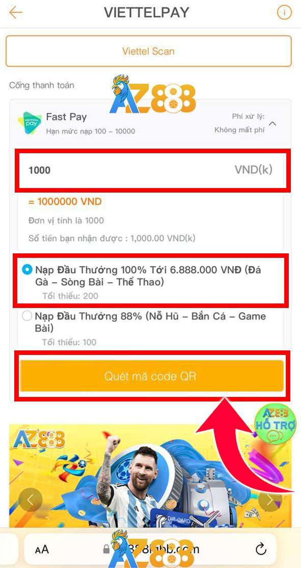 Điền số tiền và chọn quét mã QR Điền số tiền và chọn quét mã QR